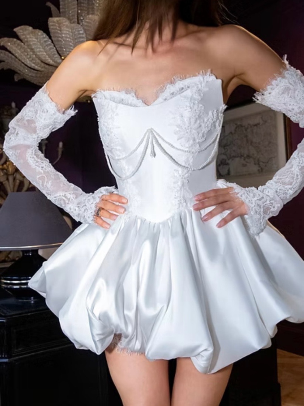 Off-Shoulder White Lace & Satin Mini Dress